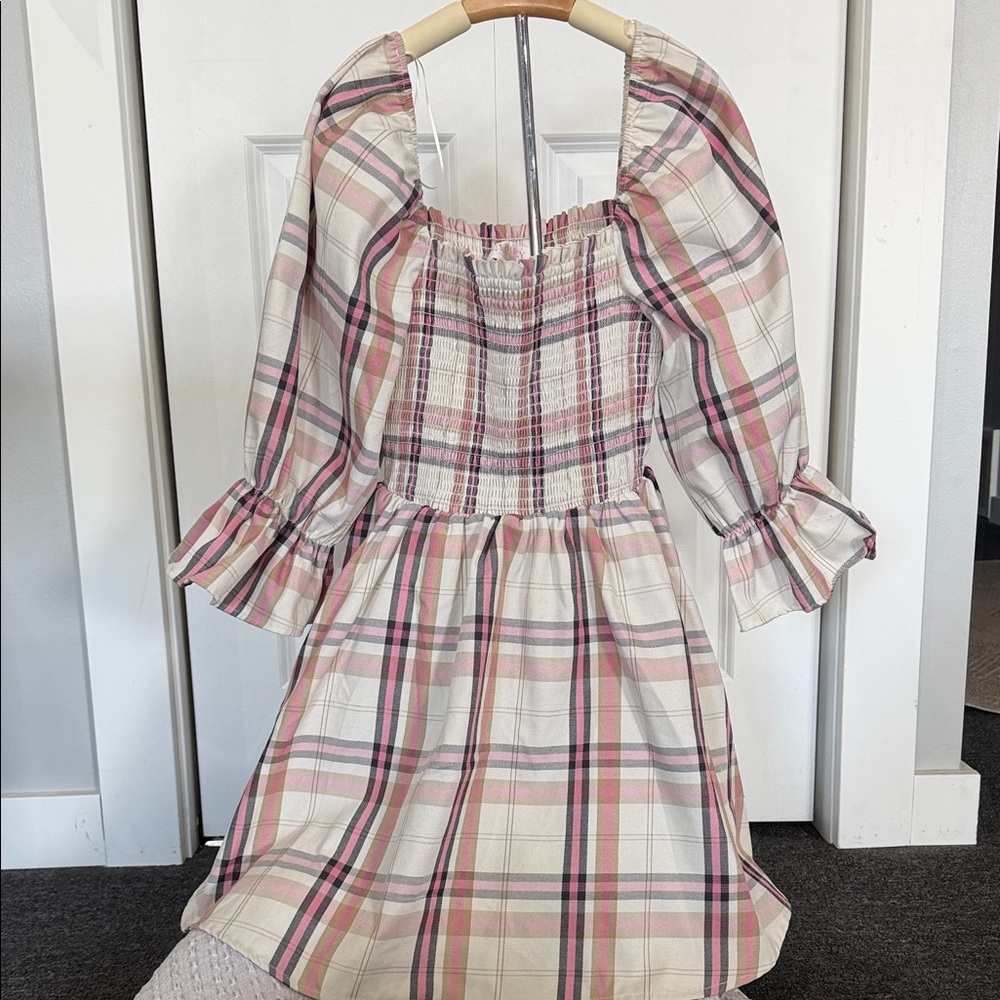 Francesca's Collections Plaid Midi Dress in Pink and Cream